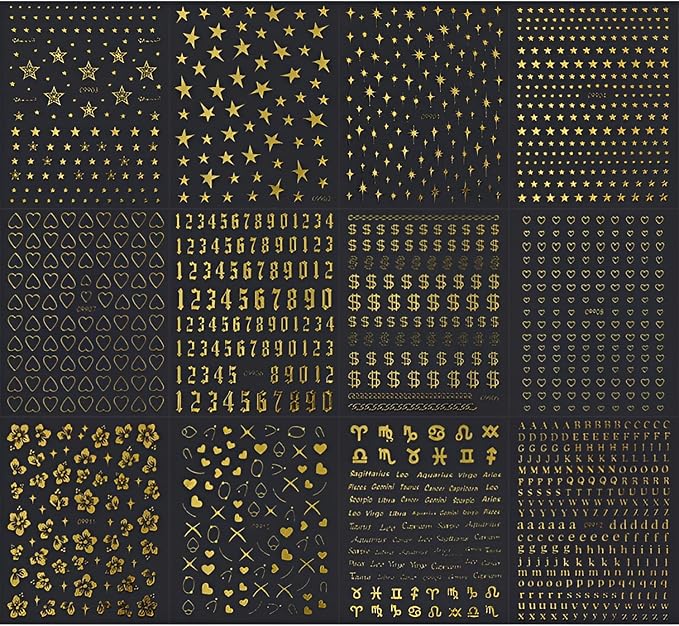 12 Sheets Gold Nail Art Stickers Decals 3D Self Adhesive Letter Heart Nail Decals,Flower Star Nail Stickers,Gold Nail Stickers for Nail Art,Nails Supplies for Women Girls
