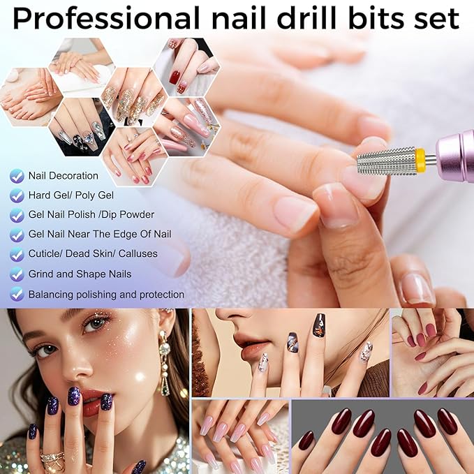 Fantexy 5 in 1 Nail Drill Bits,Professional 3/32" Shank Tungsten Steel Bits for Acrylic Nails,Manicure,Nail Art,Drill Machine,Both Left and Right Handed - Two Way Rotate Use (Extra Fine - XF)