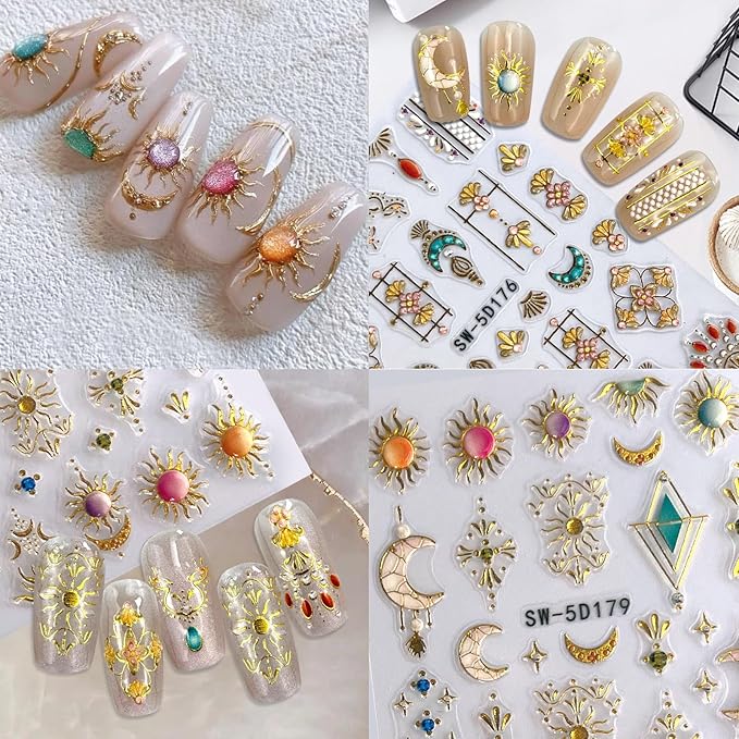 MUIIIGOOD 2 Sheet Sun Moon Stars Boho Nail Stickers Charms for Nail Art 5D Embossed Bohemian Style Floral Nail Decals Metallic Gold Sun Moon Star Luxury Celestial Nail Art Stickers Supplies for Women