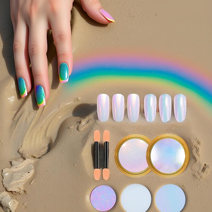 2 Pcs Mermaid Chrome Nail Powder Kit- 2 Colors Neon Effect Iridescent Nails Powder, Aurora Holographic Nail Glitter Rainbow Mica Powders Chrome Nail Art Dust Tip Manicure Pigment
