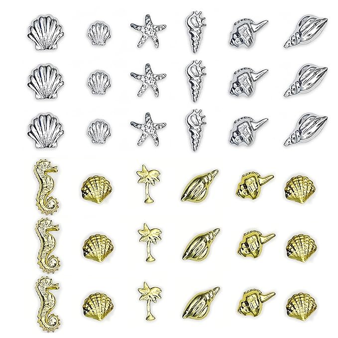 400Pcs Alloy Gold Silver Shell Starfish Nail Charms 3D Ocean Theme Nail Rhinestones Metal Beach Starfish Conch Seashell Nail Nails Gems Crystal Nail Jewels Supplies for Women DIY Manicure Accessories