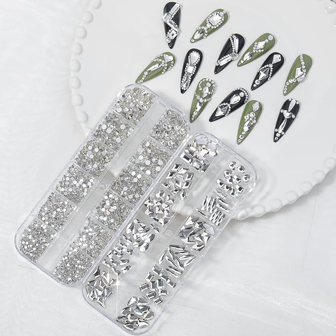HNUIX Nail Rhinestones - 3D Multi Shape Size, Crystal Clear Nail Gems, Flat Back, with Kit, for Nail Art, DIY Decorations