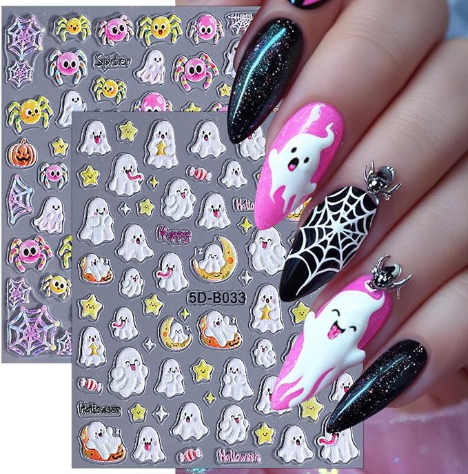 2 Sheets Halloween Nail Art Stickers 5D Embossed Cute Ghost Nail Decals Self-Adhesive Pink Yellow Spider Nail Sticker Star Pumpkin Spider Web Nail Decal for Women DIY Nail Design Supplies
