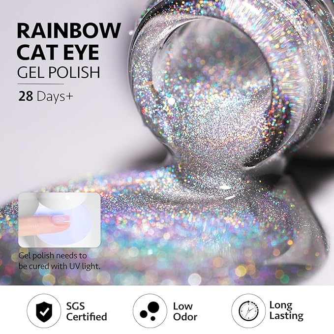 GAOY Rainbow Glitter Cat Eye Gel Nail Polish Set, 6 Holographic Sparkle Colors for Nail Art DIY Manicure and Pedicure at Home