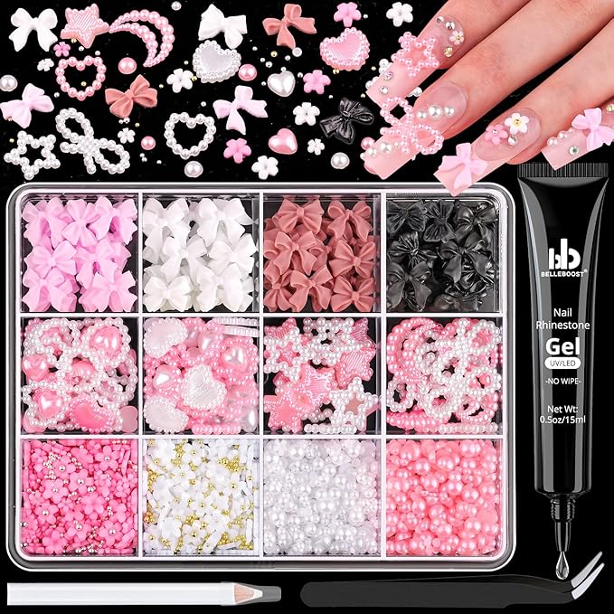 Chunky Nail Charms and Gems Set 2 with Rhinestone Glue, Girly Coquette Nail Charms + Assorted Pearl Bows Heart Star Moon + Cute 3D Flowers for Nails + Flatback Pearls with Tools for Kawaii Nail Design