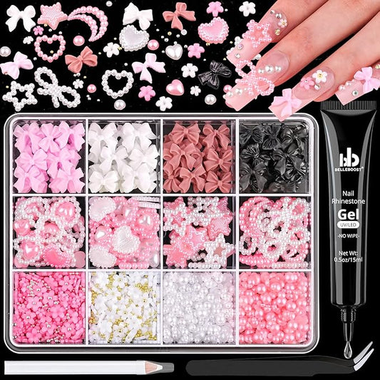 Chunky Nail Charms and Gems Set 2 with Rhinestone Glue, Girly Coquette Nail Charms + Assorted Pearl Bows Heart Star Moon + Cute 3D Flowers for Nails + Flatback Pearls with Tools for Kawaii Nail Design
