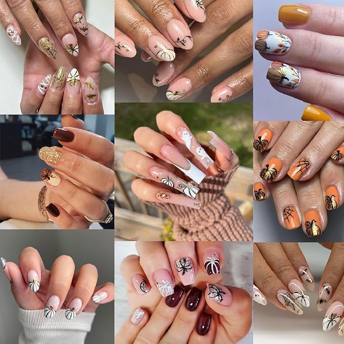 8 Sheets Halloween Nail Stickers 3D Self-Adhesive Glitter Pumpkin Ghost Black Leaf Nail Decals Gold Silver Pumpkin Spider Web Bat Design Nail Stickers for Halloween Party DIY Manicure Kit Decoration