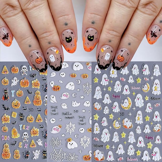 3 Sheets Halloween 5d Embossed Cute Ghost Nail Art Stickers Self Adhesive Pumpkin Spider Web Nail Decals Exquisite Star Moon Nail Design Stickers Holiday Nail Art Supplies for Women Decorations Tips