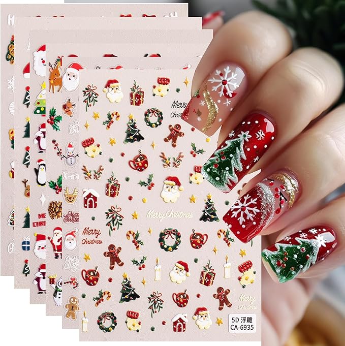 6Sheets Cute Christmas Nail Art Stickers 5D Embossed Cute Santa Claus Elk Designs Nail Decals Self-Adhesive Snowman Snowflake Nail Sticker Xmas Tree Gingerbread Man Nail Decal for Women Nails Decor
