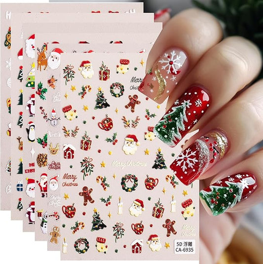 6Sheets Cute Christmas Nail Art Stickers 5D Embossed Cute Santa Claus Elk Designs Nail Decals Self-Adhesive Snowman Snowflake Nail Sticker Xmas Tree Gingerbread Man Nail Decal for Women Nails Decor
