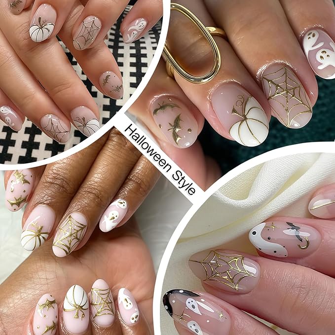 8 Sheets Fall Halloween Nail Stickers for Nail Art Pumpkins Nail Decals 3D Self-Adhesive Autumn Maple Leaf Cute Ghost Pattern Design Sticker Decoration for Women DIY Holiday Party Nails Supplies
