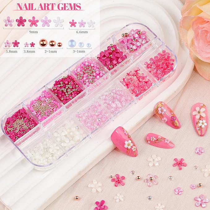 2 Boxes 3D Flower Nail Charms and Nail Beads & Bubble Beads - Rose Nail Flower Charms Pink Cherry Blossom Petal Silver/Gold Caviar Bead Mixed Sizes Glass Bubble with Nail Chain (7-S2-Mixed4)