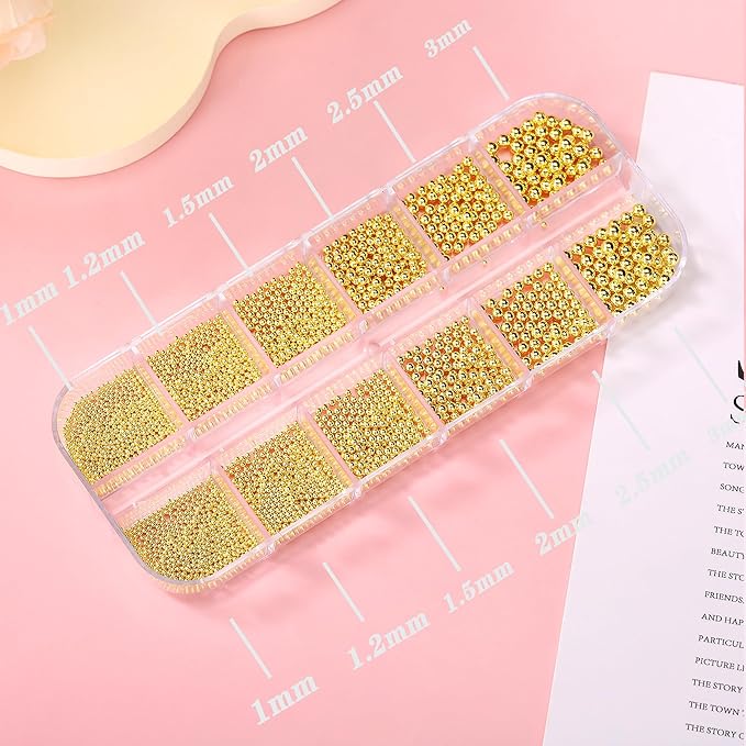 Mini Small Stainless Steel Beads Nail Chain Charms Nails Art Decorations Gun Grey Nail Studs Gold Caviar Nail Charms DIY Tool Nail Studs Accessories Caviar Beads for Nails (Gold) 1