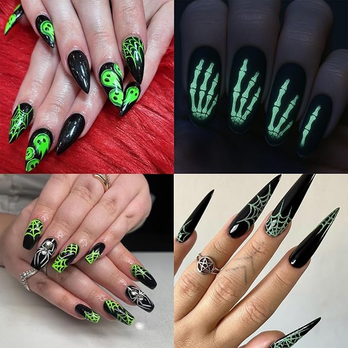 Halloween Luminous Ghost Nail Sticker Luminous Sticker 3D self-Adhesive Horror Skull Spider Web Spider Pattern Design Ladies Girl DIY Halloween Nail Decoration 4 Pictures