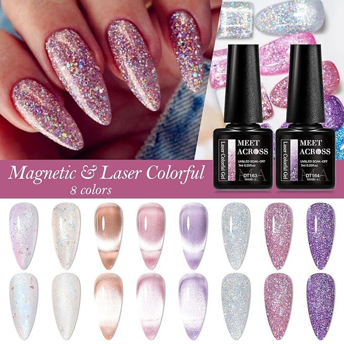 MEET ACROSS 8pcs Gel Nail Polish Set, Soak off UV LED Lamp Gel Nail Polish Cat Eye Set Home Gel Manicure Kit 7ml (Cat Eye + Glitter Gel)