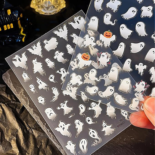 Halloween Ghost Nail Stickers for Nail Art 3D Self-Adhesive Halloween Nail Decals with Cute Ghost Design Spooky Nail Decals Holiday Style DIY Salon Manicure Supplies Sticker for Women