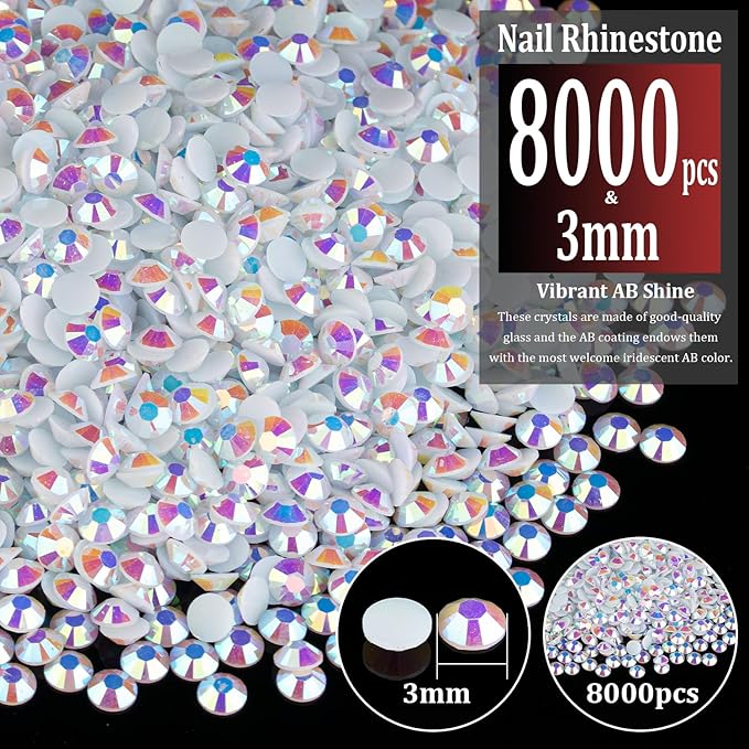 8000pcs 3mm Resin Rhinestones Bulk, White AB Flatback Round Jelly Rhinestones Bedazzling Non Hotfix Crystal Gems Large Quantity Wholesale for DIY Crafts Clothes Bottles Tumblers Face Makeup Manicure