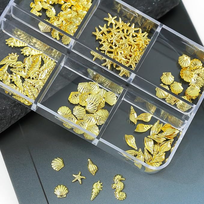 6 Grids Summer Ocean Metal Nail Art Charms 3D Beach Gold Seashell Starfish Nail Charms for Acrylic Nails Sparkling Golden Seahorse Conch Nail Art Jewelry for Women Manicure Decoration Accessory