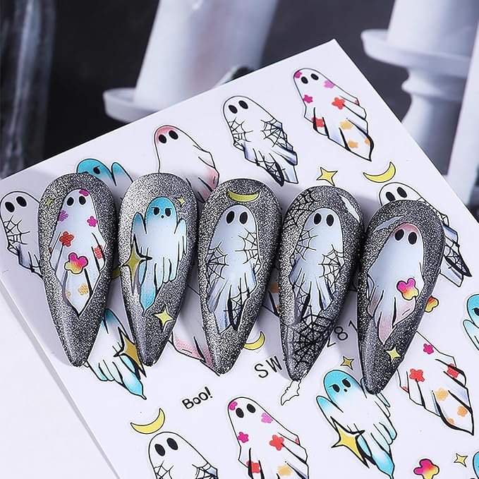 Halloween Nail Art Stickers 6 Sheets Halloween Nail Decals 3D Self Adhesive Cute Nail Stickers Ghost Pumpkin Bat Skull Pattern DIY Manicure Supplies Hallowee Nail Decorations for Women Girls