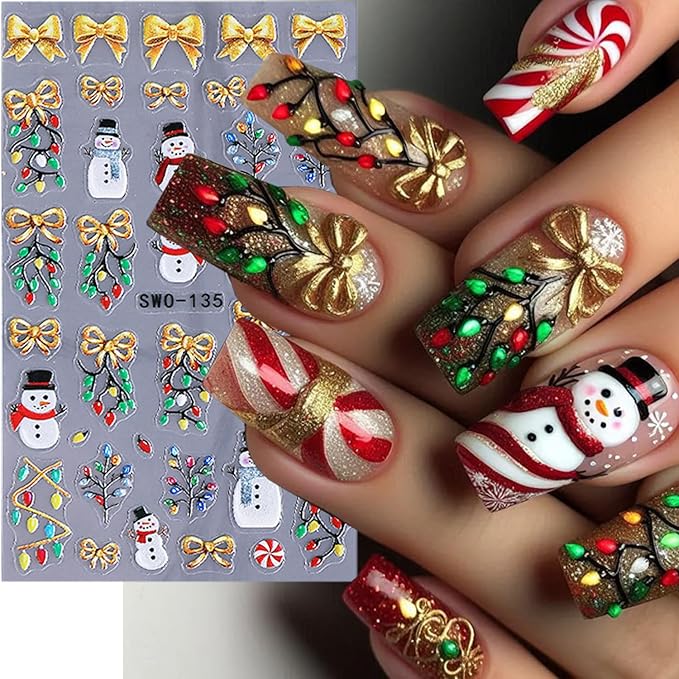 2 Sheets 5D Embossed Christmas Nail Stickers for Nail Art Self-Adhesive Santa Claus Nail Decals Winter Snowman Snowflake Nail Art Stickers Xmas Bow Light Strips Christmas Tree Nail Design for Women