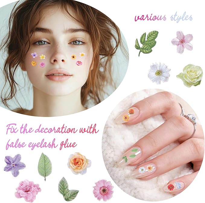 300Pcs 3D Flower Nail Art Charms Sequins Decals Colorful Mixed Flowers Leaves Design Slice Nail Flowers Ultra Wood Pulp Flakes Sequins 4