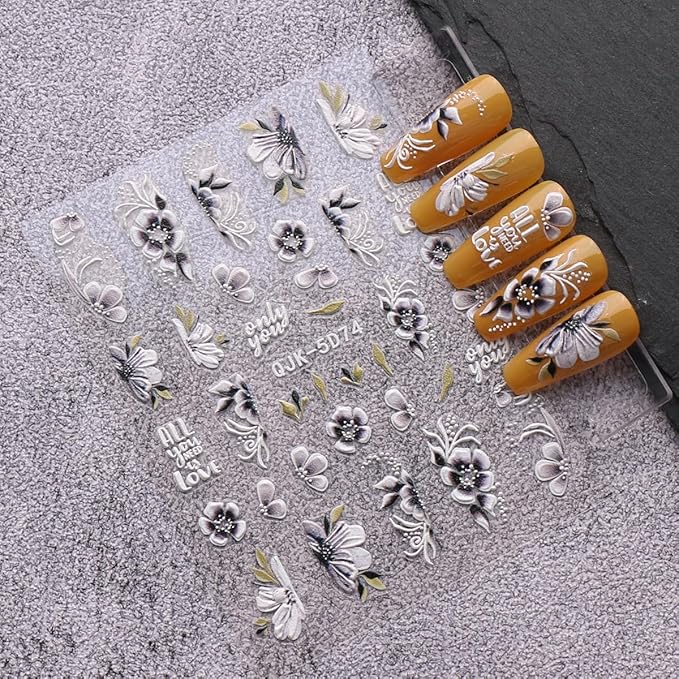 JMEOWIO 6 Sheets 3D Embossed Spring Flower Nail Art Stickers Decals Self-Adhesive Pegatinas Uñas 5D Colorful Summer Floral Leaf Nail Supplies Nail Art Design Decoration Accessories