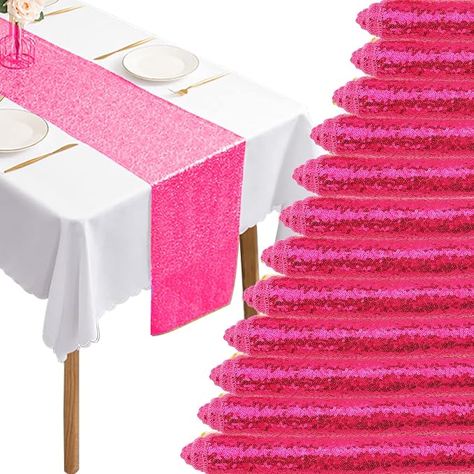 12 Packs Sequin Table Runner Hot Pink 12 X 108 Inch Glitter Dining Table Runner by Fivenl