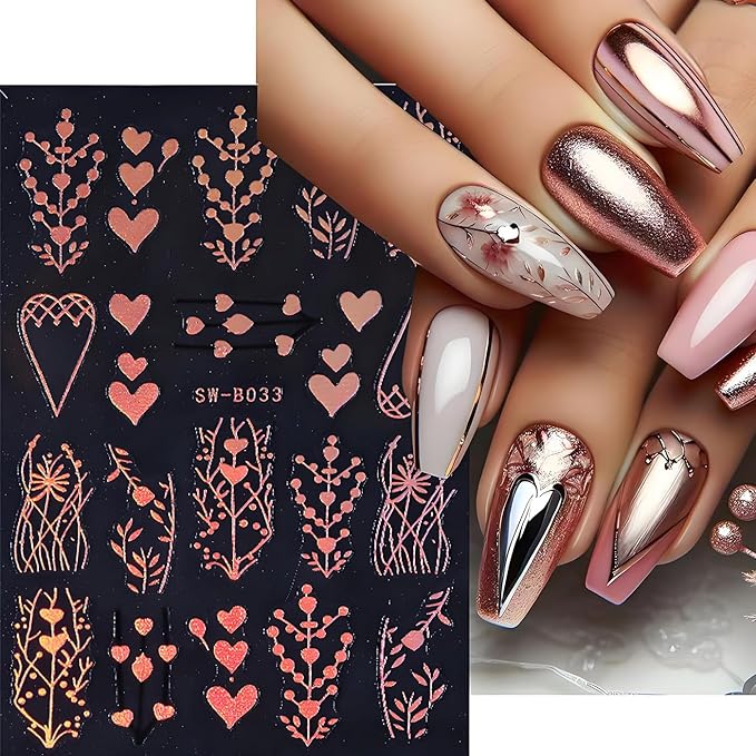 Fall Nail Art Stickers for Thanksgiving, Rose Gold Tree Nail Decals 3D Self-Adhesive with Leaves Heart Design 4Pcs Gold Leaves Tree Heart Nail Art Supplies for Women Nail Decoration