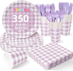 Vyntra 350 Pcs Lavender & White Checkered Gingham Paper Plates and Napkins Set by PartyTablewareSupplies
