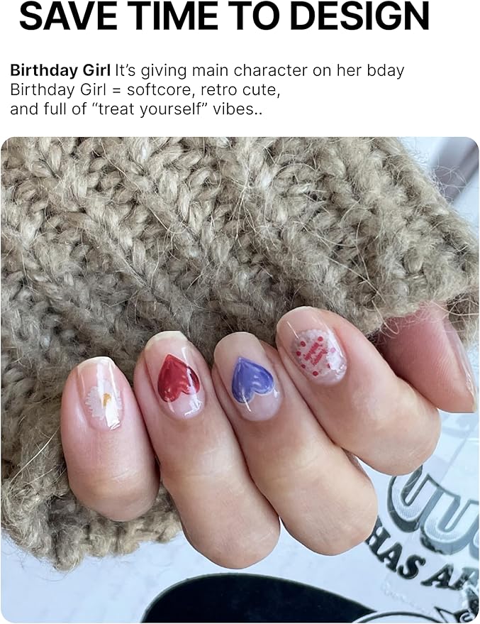 UUUUUU Semi Cured Gel Nail Strips | Salon-Quality | UV Free Gel Nail Wraps for Women | Easy Peel&Stick | Long-Lasting up to 14 Days | 28 Strips Set+File & Wipes | Gift-Ready (UGN105 Birthday Girl)
