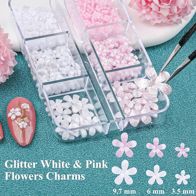 4 Boxes 3D Flower Nail Charms and Gems - Colorful Nail Flower Charms Crystal AB Clear Gemstones Silver/Gold Caviar Beads White/AB Pearls for Women DIY Manicure Crafts (21-S4-Colorful1)