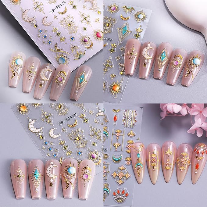 2 Sheets 5D Embossed Star Moon Nail Art Stickers Sun Rhinestones Nail Stickers Designs Nail Decals Supplies Self Adhesive Nails Sticker for Women DIY Acrylic Nail Accessories