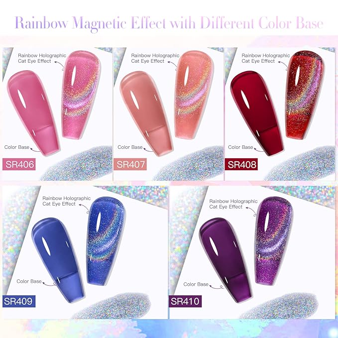 MEET ACROSS Rainbow Cat Eye Gel Nail Polish 5 Colors Jelly Magnetic Cat Eye Gel Nail Polish Set Soak Off UV LED Light Nail Kit Gift Box with Free Magnet Stick for Home DIY Manicure Varnish Art Design