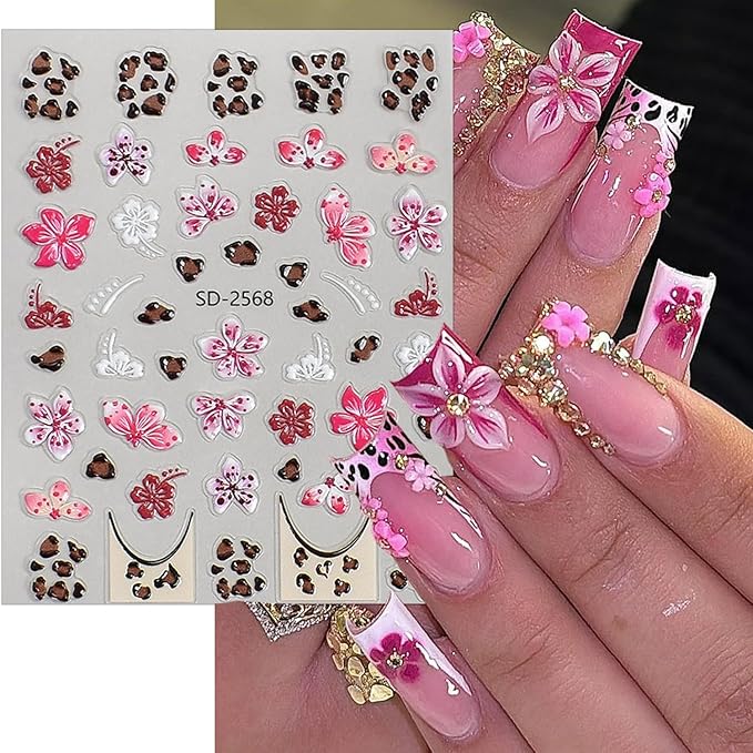 3 Sheets Flower Nail Stickers for Nail Art 5D Self-Adhesive Embossed Cute Floral Nail Art Stickers Leopard Nail Decals Summer Fall Flowers Nail Design Sticker for Women Nails Decoration