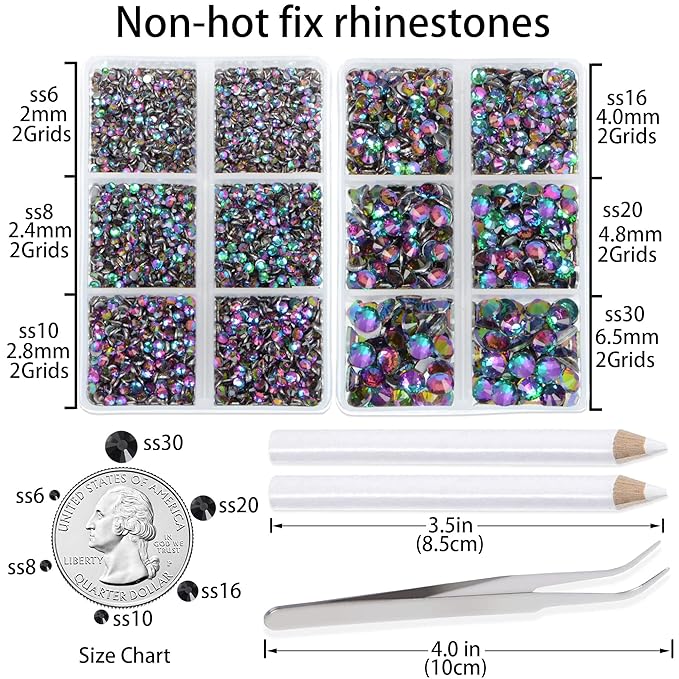 LPBeads 6000 Pieces Green Volcano Non Hotfix Rhinestones 6 Sizes Round Crystal Glass Flat Back Rhinestones with Tweezers and Picking Pen for Nail Art Crafts Clothes Bags DIY