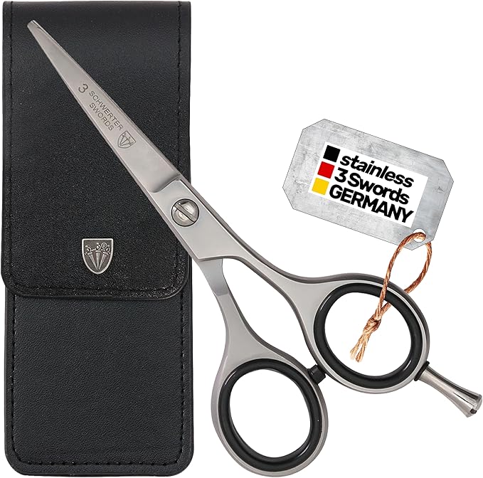 3 Swords Germany – professional BEARD MUSTACHE HAIR SCISSORS, stainless steel, straight blade, sharp, with black case