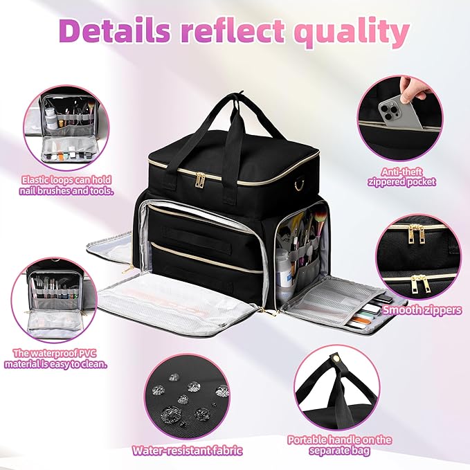 Nail Polish Organizer Case for 96 Bottles – Waterproof Travel Bag with Hard Bottom – Double Layer Nail Storage Bag with Adjustable Dividers & Nail Lamp Compartment – for Home or Salon Use