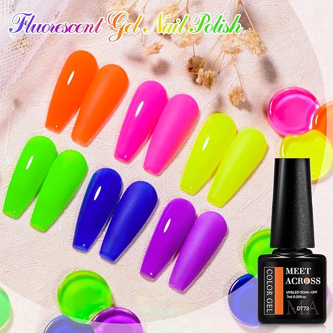 MEET ACROSS Neon Gel Nail Polish Set, 6 Colors Orange Yellow Green Blue Hot Pink Red Purple Spring Summer Fluorescent Gel Polish Home DIY Manicure Gift for Girls Women