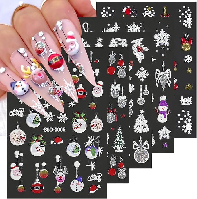 5 Sheets Christmas 5D Embossed Nail Art Stickers Gold Silver Glitter Nail Decals Self Adhesive Snowman Elk Gift Nail Design Stickers Snowflake Nail Stickers Winter Xmas Nail Art Supplies for Women DIY
