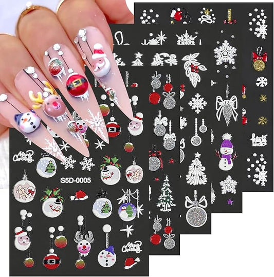 5 Sheets Christmas 5D Embossed Nail Art Stickers Gold Silver Glitter Nail Decals Self Adhesive Snowman Elk Gift Nail Design Stickers Snowflake Nail Stickers Winter Xmas Nail Art Supplies for Women DIY