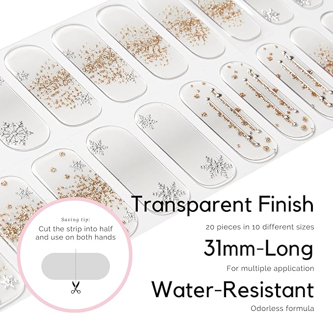 NAILOG Semi Cured Gel Nail Strips (20 Extra Long Nail Polish Strips) │ Long Lasting Gel Nail Stickers, Nail Wraps with Glossy Gel Finishing (Snowflake)