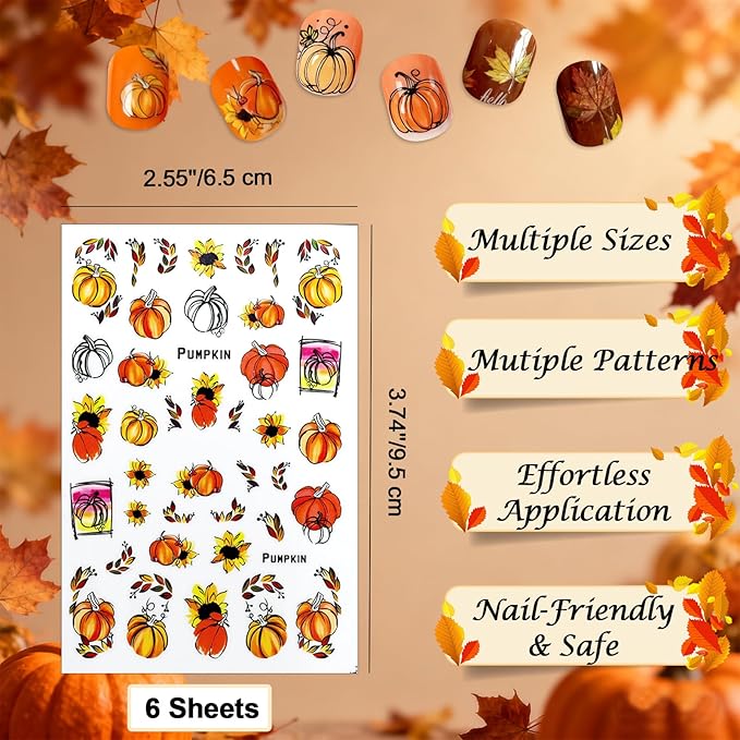 Allstarry Fall Nail Stickers, 6 Sheets Thanksgiving Nail Stickers Fall Nail Decals 3D Maple Leaves Autumn Floral Pumpkin Nail Decal Self-Adhesive for Autumn Nails Art