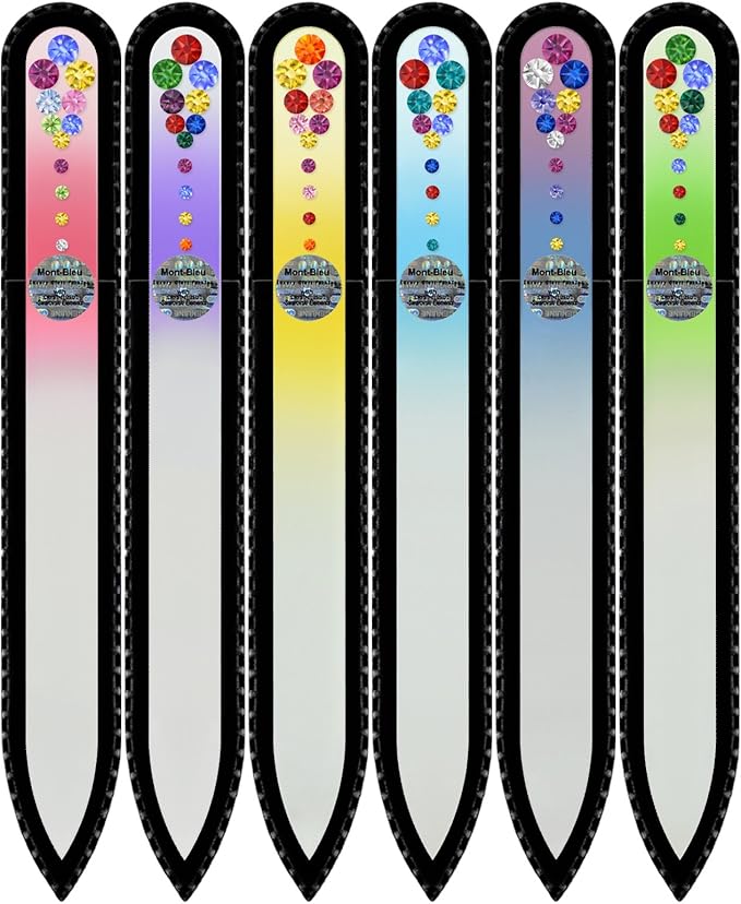 Mont Bleu Gift Set of 5 + 1 Free Glass Nail Files Hand Decorated with Crystals - Handmade - Czech Tempered Glass