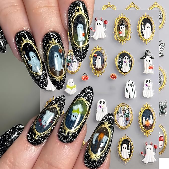 Halloween Nail Art Stickers Decals 5D Embossed Nail Stickers Spider Ghost Pumpkin Nail Art Decals Self-Adhesive Retro Picture Frame Ghost Nails Supplies Colorful Spiders Nails Decorations for Women