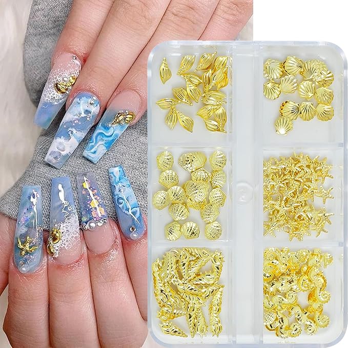 6 Grids Summer Ocean Metal Nail Art Charms 3D Beach Gold Seashell Starfish Nail Charms for Acrylic Nails Sparkling Golden Seahorse Conch Nail Art Jewelry for Women Manicure Decoration Accessory