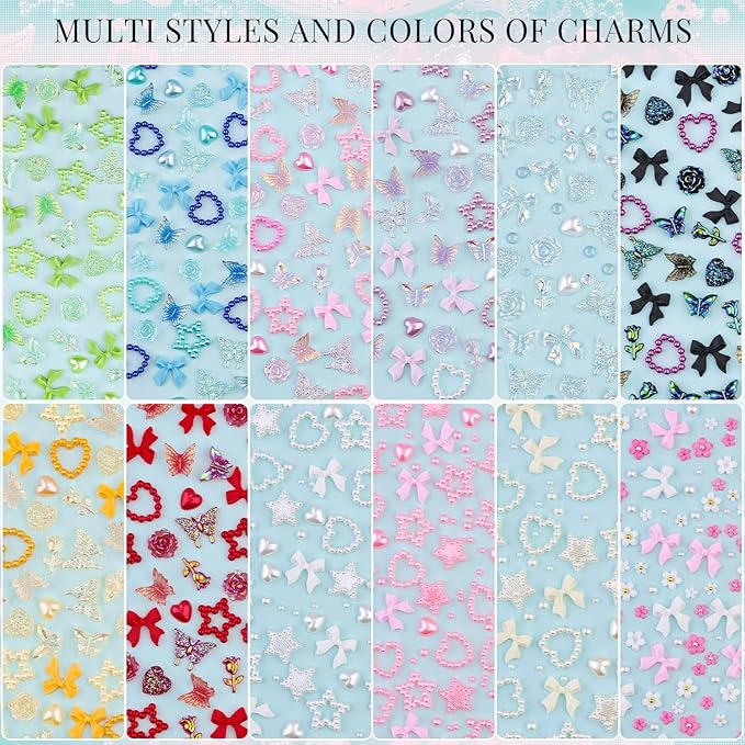 3D Nail Charms for Coquette Nails Design with Rhinestone Glue Set 1, Colorful Nail Bows + Assorted Heart Star Rose Butterfly Nail Jewels + 3D Flowers and Pearls, with Picker Tools for Nail Decor