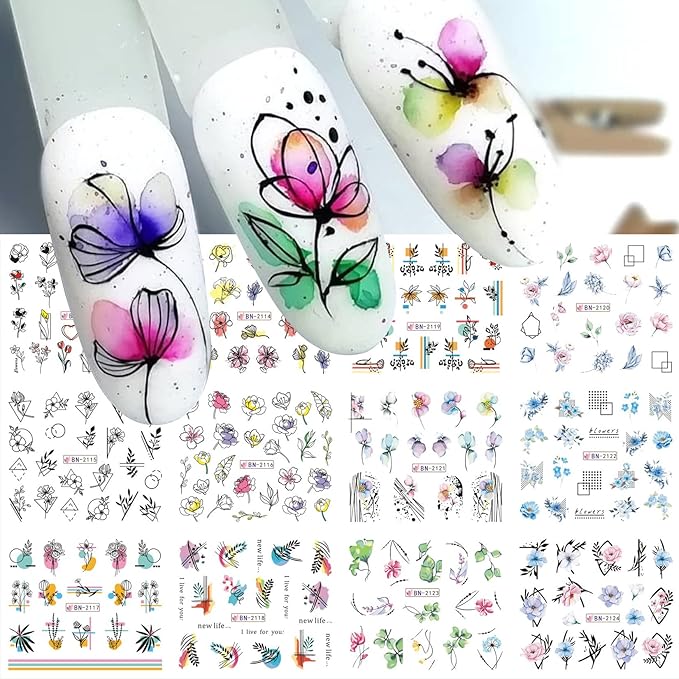 Flower Decals Nail Art Stickers 48 Designs Spring Water Transfer Stickers for Nails Colorful Flower Leaf Cherry Blossoms Rose Pattern DIY Decoration Nail Supplies for Women Girl 4 Sheets