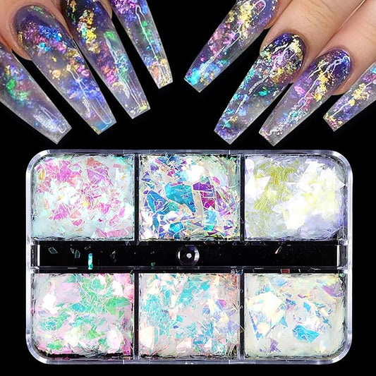 Holographic Iridescent Glitter Nail Art Sequins, 3D Irregular Ultra Thin Nail Art Sparkly Flake Designs, Shiny Mermaid Nail Glitter Confetti Acrylic Supplies for Women Girls Manicure Tips Decorations
