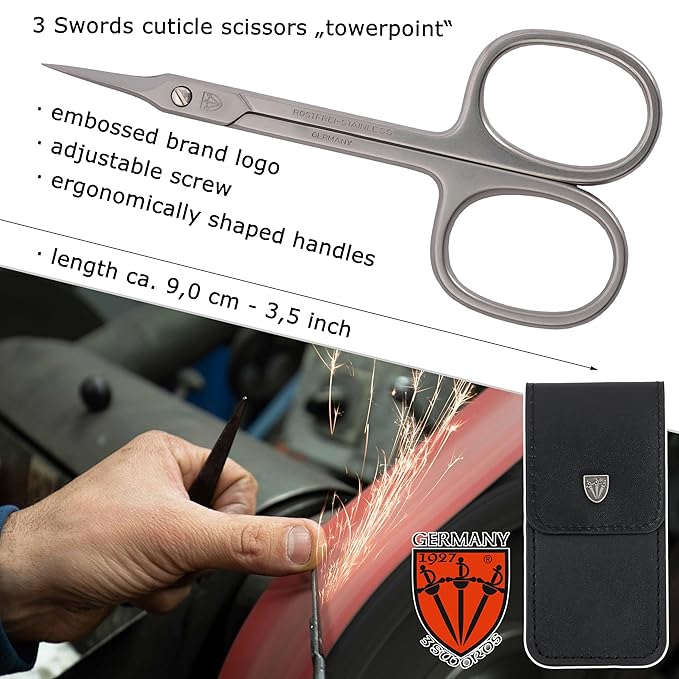 3 Swords Germany - brand quality STAINLESS STEEL INOX CURVED CUTICLE TOWERPOINT SCISSORS (1 PIECE) with case for manicure pedicure - nail care by 3 Swords - Made in Germany