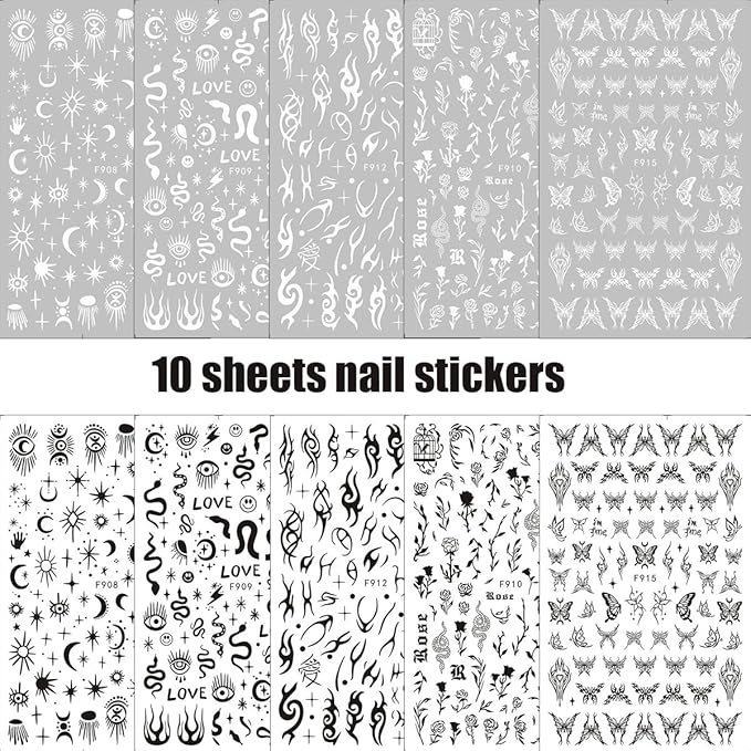 10 Sheets Snake Nail Art Stickers Sheets Black White Nail Decals Star Moon Eye Rose Leaf Flame Nail Art Supplies Butterfly Acrylic Nail Supplies 3D Goth Snake Nail Design Stickers for Women DIY Nail